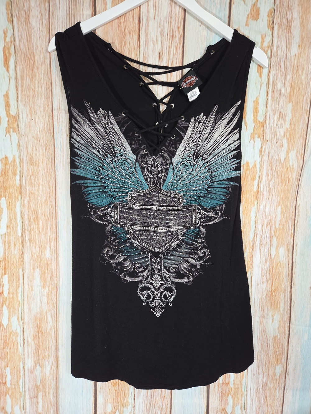 Harley-Davidson Black Lace-Up Tank with Teal Wing Graphic